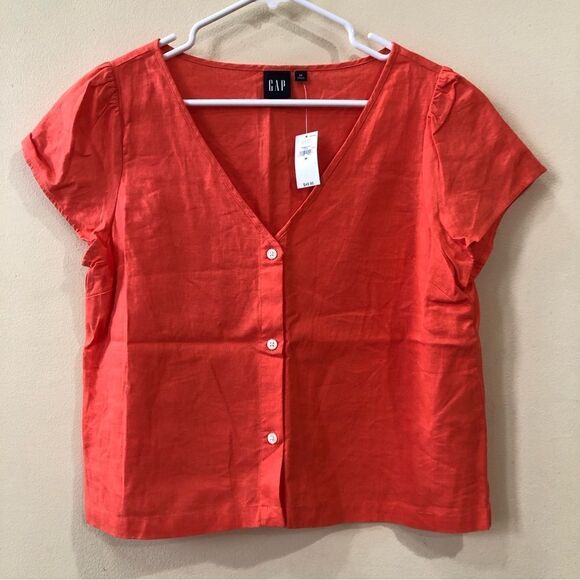 Gap Linen Blend V-Neck Short Sleeve Top - Picture 2 of 5